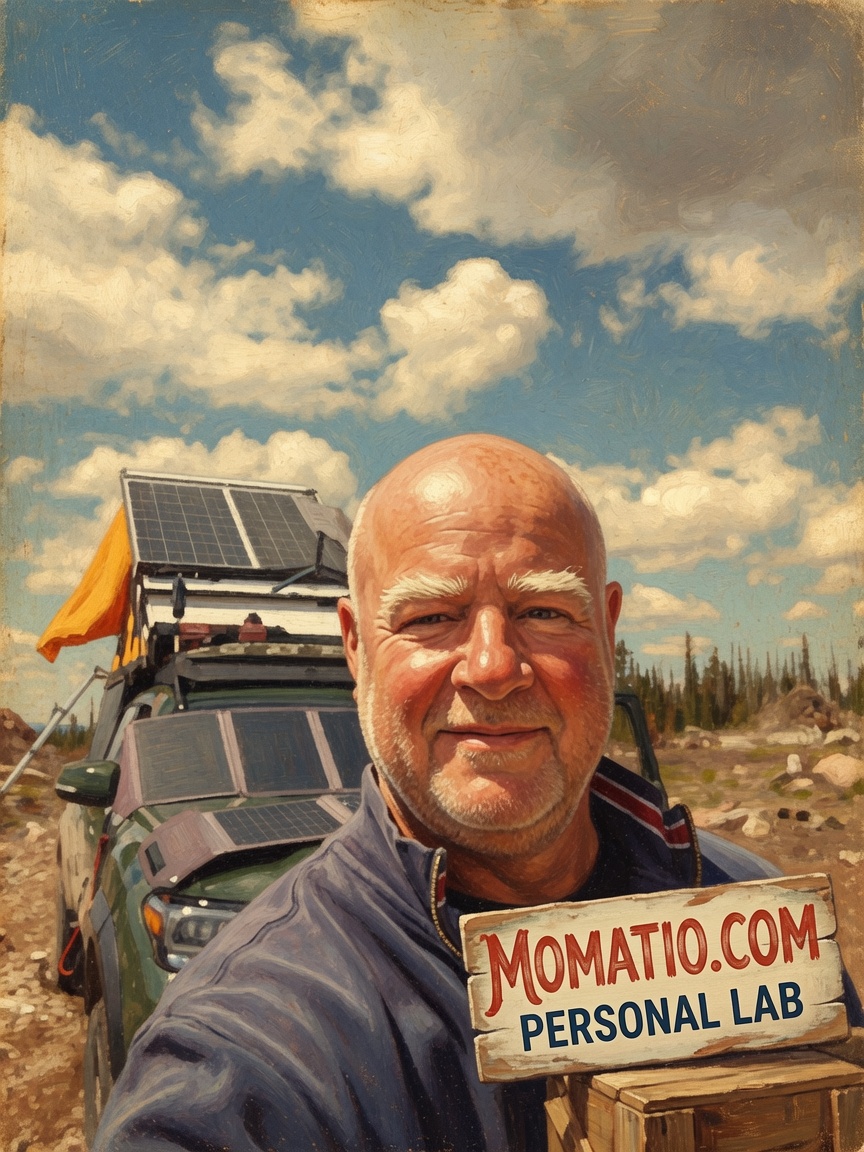 A painted portrait of Dave standing in front of his overland rig — solar panels
                  on the roof rack, an orange flag, pines and open sky behind him — holding a
                  hand-lettered wooden sign that reads MOMATIO.COM, PERSONAL LAB.